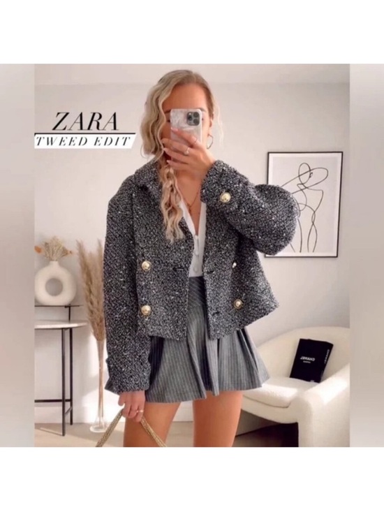 Zara Jackets & Blazers - Zara Tweed Cropped Jacket in Charcoal Gray with Gold Buttons